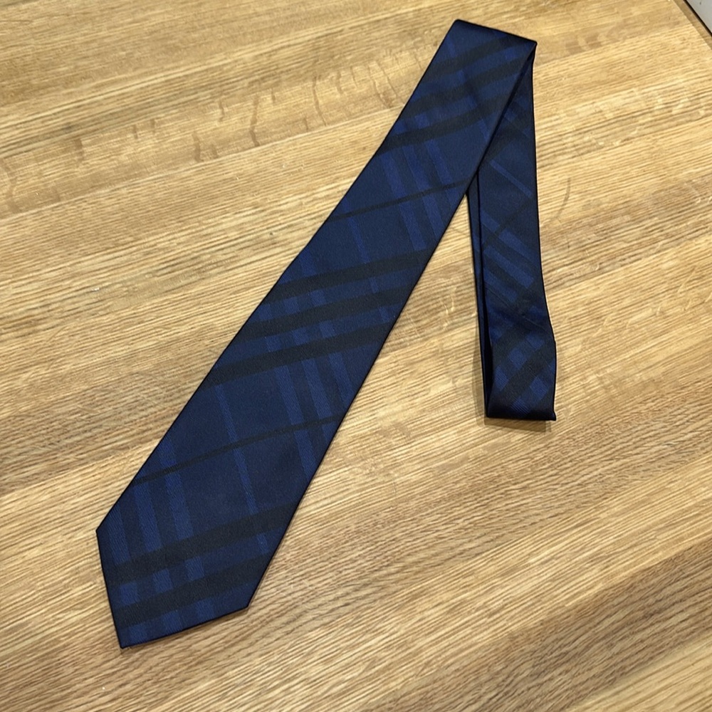 Burberry check silk tie in night blue and black, pristine condition